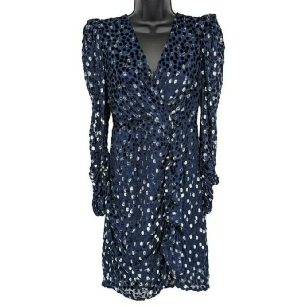 Kate Spade Scatter Dot Dress 6 Navy Silver Faux Wrap Ruffle Velvet Long Sleeve